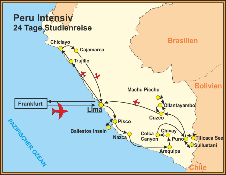 Rundreiseroute der 24 Tage Peru Intensivreise
