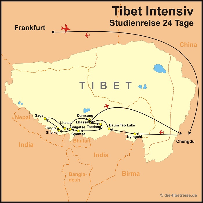 Reiseroute der Tibet Intensiv Reise 24 Tage der BCT-Touristik 